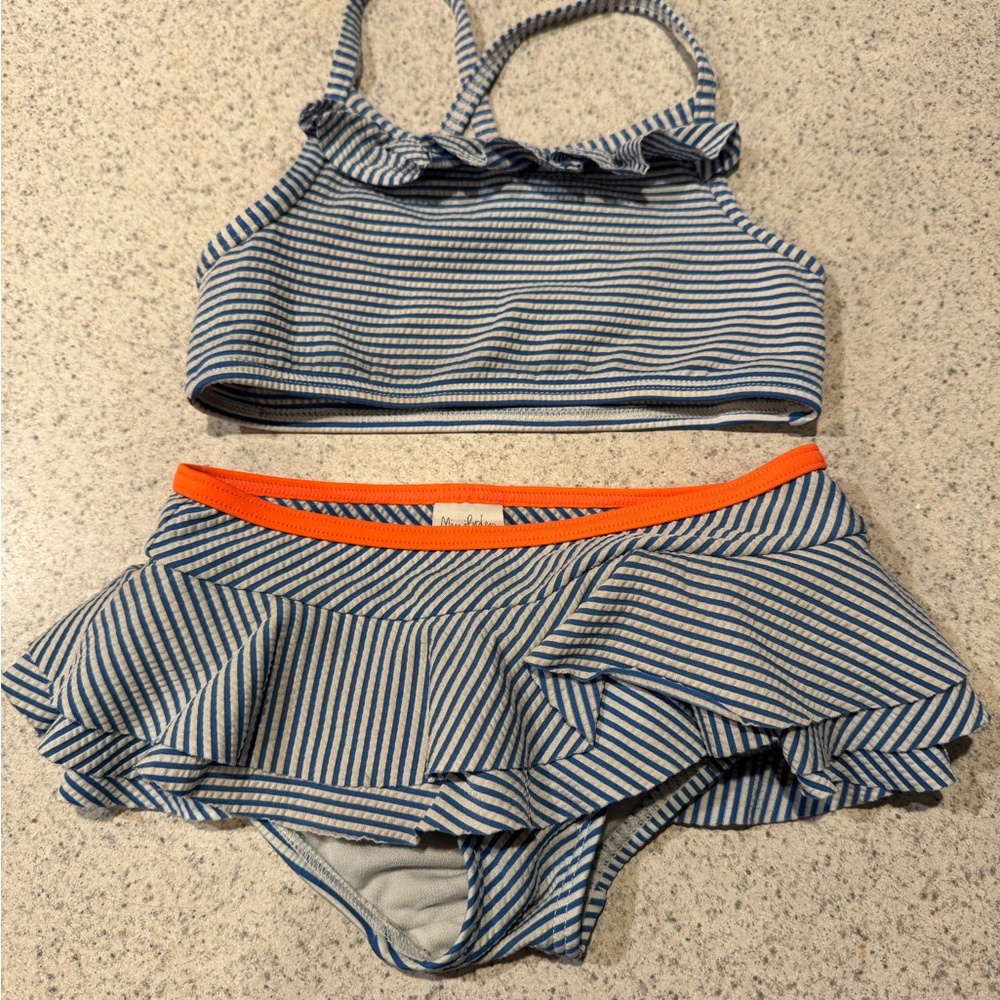 Mini Boden Blue and White Striped Swimsuit with Orange Trim